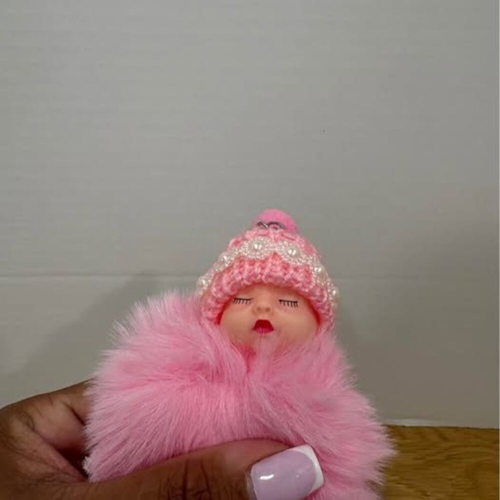 12 Pink Baby Doll Pom-Pom Keychains Wholesale Lot